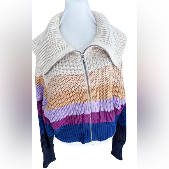 Aerie Colorblock Striped Double Zip Chunky Knit Sweater multi-color designs XL. - Picture 5 of 10